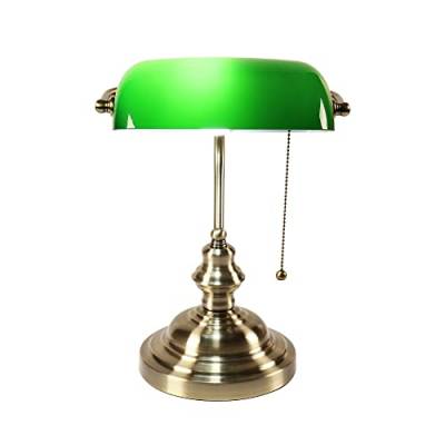 Retro Grün Bankerlampe mit Zugschalter, Vintage Tiffany Schreibtischlampe, Banker Tischlampe Büro, Ø23cm Green Glasschirm, Bürolampe Nachttischlampe, Messing Finish, H36cm, E27 MAX40W (grün) von MOLOURK