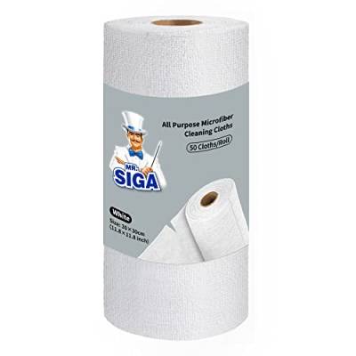 MR.SIGA Mikrofaser Reinigungstücher Rolle, fusselfreie Putztuchrolle, wiederverwendbar Lappe für Küche und Fenster, 50 Stücke pro Rolle, Weiß von MR.SIGA