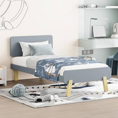 MYBOO Modernes Einzelbett 90 x 190 cm – Bett aus Massivholz mit Lattenrost, niedliche und einzigartige Form von Kopf- und Fußteil, Kinderbett Jugendbett (Grau) von MYBOO