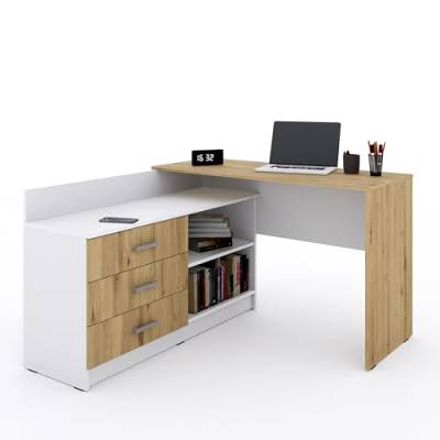 Marlux-Meble Schreibtisch mit Schubladen 3 und Regalen 2 | Eckschreibtisch Weiß Matt - Artisan-Eiche | PC Schreibtisch L Form (Omega Schreibtisch Holz 131x120x76 cm) von Marlux-Meble