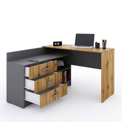 Marlux-Meble Schreibtisch mit Schubladen 3 und Regalen 2 | Eckschreibtisch Grau Matt - Wotan-Eiche | PC Schreibtisch L Form (Omega Schreibtisch Holz 131x120x76 cm) von Marlux-Meble