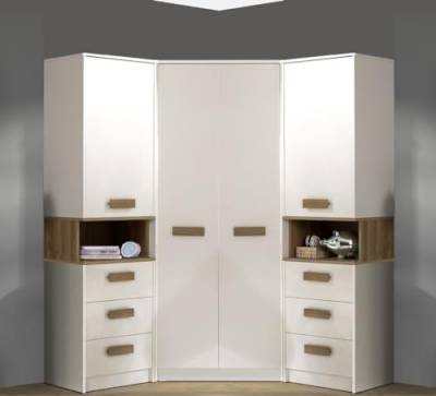Marmex Grant G17 - Eckschrank 143x195x143 cm, 2 x Bücherregal, Eckgarderobe mit Kleiderstangen und Einlegeböden Set Garderobe für das Schlafzimmer, Jugendzimmer - weiß + Riviera Eiche von Marmex Meble