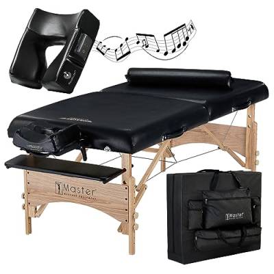 Master Massage Mobile Massageliege Kosmetikliege Klappbar Extra Breit Holz Behandlungsliege Therapiebett mit Musikkissen Lautsprecher Bluetooth, schwarz, 81cm von Master Massage