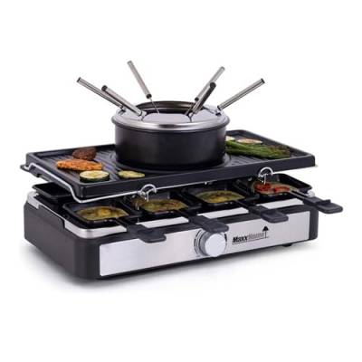 MaxxHome Raclette-Grill Party Mit 8 Pfannen, 1400 W, Raclette-Käseschmelzer, Einstellbare Temperatur, Abnehmbarer Grill, Fondue-Maschine Und Steinplatte, 8 Holzständer, Elektrischer Tischgrill von MaxxHome