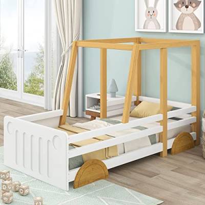 Merax Autobett Kinderbett 90x200cm, Jeep-Bett mit Lattenrost und MDF-Rädern, Kinder Spielbett mit Rausfallschutz, Rahmen aus Kiefer, Kindermöbel, für Jungen und Mädchen, Weiß + Natur von Merax