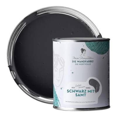 MissPompadour edelmatte Wandfarbe Schwarz mit Samt 1L - sehr hohe Deckkraft - geruchsneutrale, spritzfreie Farbe - atmungsaktive, wasserbasierte Innenfarbe/Deckenfarbe - Die Wertvolle von MissPompadour