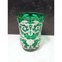 Antike Grüne Boho Jugendstil Glas Vase Weiß Gold Emaille Bemalt 7, 5" von ModernDesignAntiques