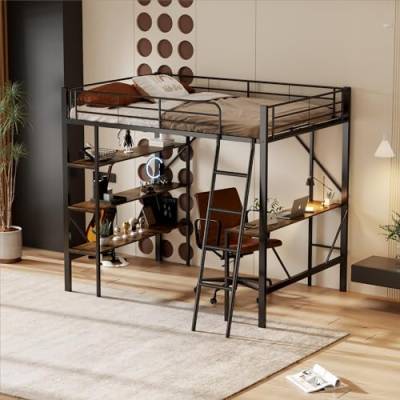 Moimhear 90x200cm Bettgestell Metallbett, Eisenbett, Hochbett mit Schreibtisch und DREI großen Ablagen für Kinder, Jugendliche und Erwachsene，schwarz von Moimhear