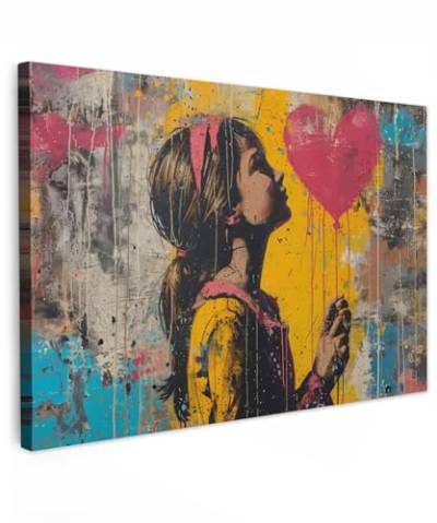 MuchoWow© Bilder Groß 120x80 cm XXL Wohnzimmer Deko Modern Wandbild Foto auf Leinwand Bild Schlafzimmer über Bett Room Decor Geschenke Graffiti - Mädchen - Luftballon - Street Art - Herz - Banksy von MuchoWow