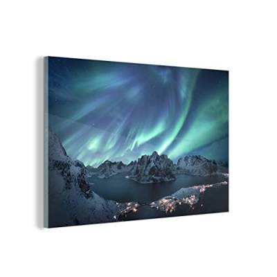 MuchoWow Glasbild Glasfoto Wandbild Bilder Deko 150x100 cm Nordlichter - Grün - Meer von MuchoWow