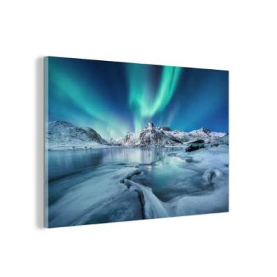 MuchoWow Glasbild Glasfoto Wandbild Bilder Deko 90x60 cm Nordlichter - Schnee - Eis - Norwegen von MuchoWow