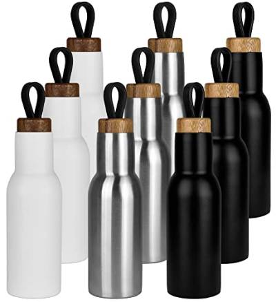 Edelstahl Trinkflasche mit Holzdeckel - 3-teiliges Set - Vakuum auslaufsichere Thermoskanne, Wasserflasche BPA frei, Isolierte Thermosflasche für Sport, Laufen, Fahrrad, Wandern - 400ml - Schwarz von My-goodbuy24