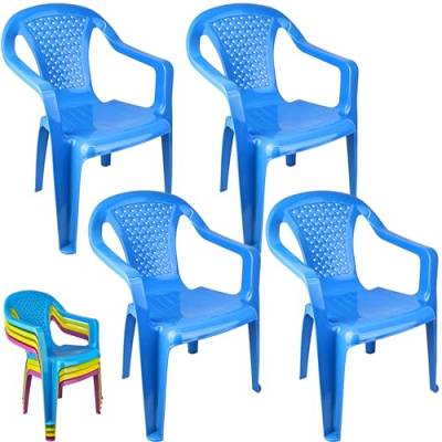 Kinderstuhl mit Armlehne - 4 Stück - Gartenstuhl, Robuster Stapelstuhl mit einer Sitzhöhe 27cm aus Kunststoff, kippsicher, wetterbeständig | Sitzgelegenheit für Innen- und Außenbereich (Blau) von My-goodbuy24