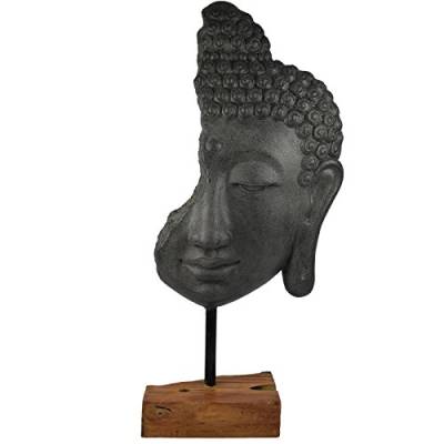 My-goodbuy24 XXL Deko Buddha Kopf auf Holz Sockel 69cm grau | Buddha-Figur für Wohnung - Statue Wohnaccessoire Skulptur Feng Shui Dekoration - Polyresin (Kunststein) - Unikat von My-goodbuy24