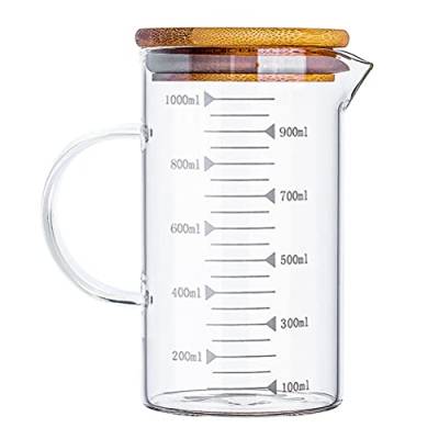 POKIENE Messbecher 1,0L, Messkanne aus Glas, Hitzebeständiges Glasbecher mit Deckel, Literbecher aus Glas, Skalierung für Liter, Messbehälter mit Skalen, Transparent 16.4 * 11.5cm von N\A