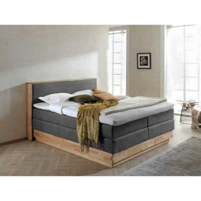 Naturoo Boxspringbett Moneta 200x200 cm Webstoff/Massivholz Eiche Grau mit Bettkästen/Matratze von Naturoo