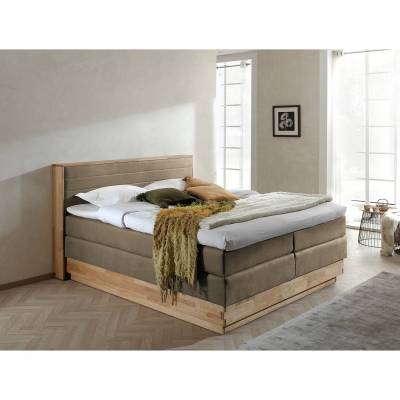 Naturoo Boxspringbett Moneta 200x200 cm Webstoff/Massivholz Eiche Latte Macchiato mit Bettkästen/Matratze von Naturoo