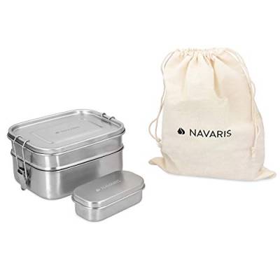 Navaris Brotdosen Set 3-teilig - Doppeldecker Lunch Box aus Edelstahl inkl. Mini Behälter - Doppel Brotbox Vesperdose Box Metall Behälter von Navaris