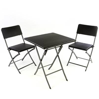 Nexos 3er Set Garnitur Tischset mit 2 Stühlen 1 Tisch Balkonset in Rattan-Optik Schwarz Bistroset klappbar Garten Terrasse Balkon Kunststoff Metallgestell Robust Wetterfest Stabil Pflegeleicht von Nexos