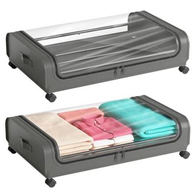 Unterbett Aufbewahrungsbox 2 Stück Unterbettkommode mit Rollen Deckel 48L Metallrahmen Bettkasten Organizer Aufbewahrungstasche Faltbare Unterbettbox für Kleidung Schuhe Decken Bettwäsche,Grau von Nicecastle