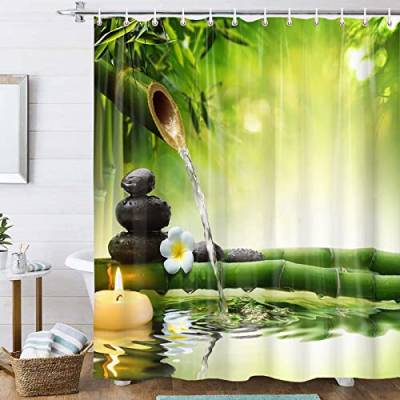 OCEUMACO Duschvorhang 180x200 Zen Shower Curtains Textil Antischimmel Wasserdicht 3D Orchidee Bambus Duschvorhänge Badewanne Stoff aus Polyester Waschbar Vorhang mit Ringe - Grün von OCEUMACO