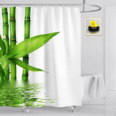 OCEUMACO Duschvorhang Natur Bambus 180x180 3D Pflanzen Blätter Shower Curtains Textil Antischimmel Wasserdicht Duschvorhänge Badewanne aus Stoff Polyester Waschbar Lang Vorhang - Grün Weiß 1 von OCEUMACO