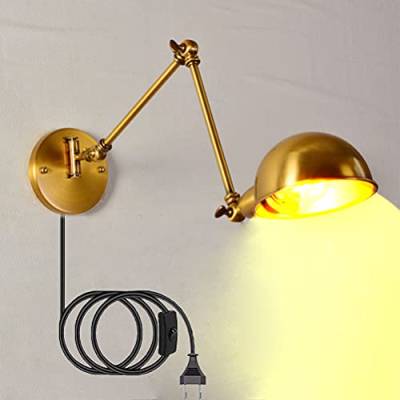 Vintage Wandlampe Innen mit Schalter, Wandleuchte Verstellbar Gold 2 Langer Arm mit Kabel Stecker Schlafzimmer Nachttischlampe Wand-Leselampe Schwenkbar Metall Schirm E27 Wandleuchtung Industriallampe von OOWOKS