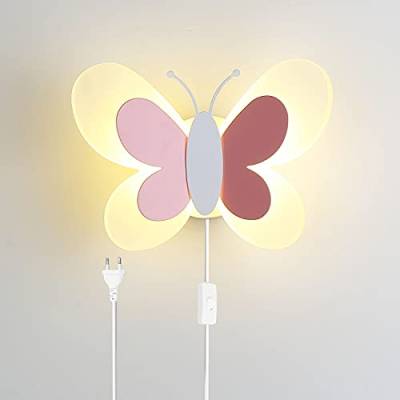 Wandlampe Kinder mit Schalter und Stecker, Innen Wandleuchte Mädchen Kinderzimmer Schmetterling Lampe Cartoon Schlafzimmer Nachttischlampe mit Kabel 15W LED Wandbeleuchtung Dimmbar 3000K/4000K/6000K von OOWOKS