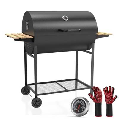 XXL Grill Grillwagen, BBQ Smoker, Holzkohlegrill mit Deckel, Holzkohle Grill Grillkamin Standgrill Räucherofen Zubehör, mit Grillhandschuhe von OUTDOUSE