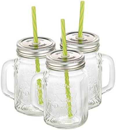 PEARL Gläser: 3er-Set Retro-Trinkgläser mit Henkel, Deckel und Trinkhalm (Gläser mit Henkel, Glas Mit Deckel, Glasbecher Strohhalm) von PEARL