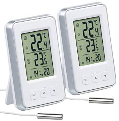 PEARL Wetterstation: 2er-Set digitale Innen- und Außen-Thermometer mit Uhrzeit, LCD-Display (Thermometer mit Aussenfühler, Thermometer mit Aussensensor, Kühlschrankthermometer) von PEARL