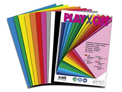 PLAY-CUT Tonkarton 25x35cm (220g/m2) | 50 Bogen Bastelkarton Bunt mit 10 Verschiedenen Farben | Dickes Bedruckbares Kartonpapier | Premium Druckerpapier Dicke Stärke | Karton zum Basteln von PLAY-CUT