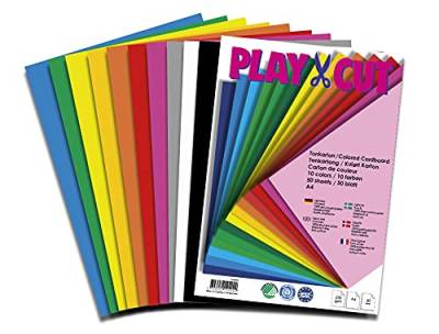 PLAY-CUT Tonkarton A4 (220g/m2) | 50 Bogen Din A4 Bastelkarton Bunt mit 10 Verschiedenen Farben | Dickes Bedruckbares Kartonpapier | Premium Druckerpapier Dicke Stärke | Karton zum Basteln von PLAY-CUT