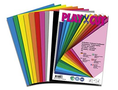 PLAY-CUT Tonkarton A5 (220g/m2) | 50 Bogen Din A5 Bastelkarton Bunt mit 10 Verschiedenen Farben | Dickes Bedruckbares Kartonpapier | Premium Druckerpapier Dicke Stärke | Karton zum Basteln von PLAY-CUT