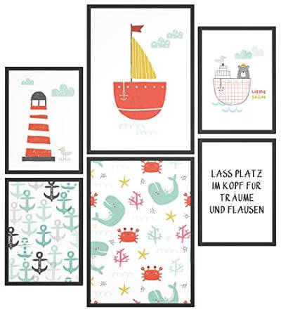 Papierschmiede® Bilder Kinderzimmer Kids Mood Poster Set Ahoi Strand, Kinderzimmer Bilder Babyzimmer Deko, 2x DIN A4 und 4x DIN A5, Schiff Anker Leuchtturm - Kinderposter ohne Rahmen von Papierschmiede