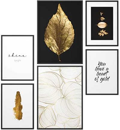 Papierschmiede® Mood Poster Set Blattgold, Bilder Wohnzimmer Deko Schlafzimmer, 2x DIN A4 und 4x DIN A5, Shine Bright Golden - ohne Rahmen von Papierschmiede