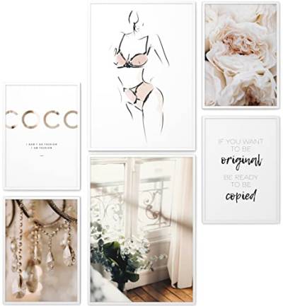 Papierschmiede® Mood Poster Set Coco Female, Bilder Wohnzimmer Deko Schlafzimmer, 2x 30x40 cm und 4x 20x30 cm, Eukalyptus Frau Blüten beige - ohne Rahmen von Papierschmiede