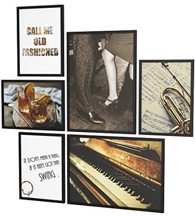 Papierschmiede® Mood Poster Set Jazz, Bilder Wohnzimmer Deko Schlafzimmer, 2x DIN A4 und 4x DIN A5, Musik Klavier Trompete Braun Vintage - ohne Rahmen von Papierschmiede