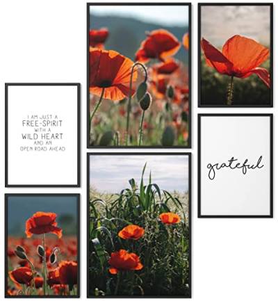 Papierschmiede® Mood Poster Set Mohnfeld, Fertiges Bilder Set mit Rahmen (Holz, schwarz), Wohnzimmer Deko Schlafzimmer, 2x DIN A4 und 4x DIN A5, Blüten Rot Orange Natur von Papierschmiede