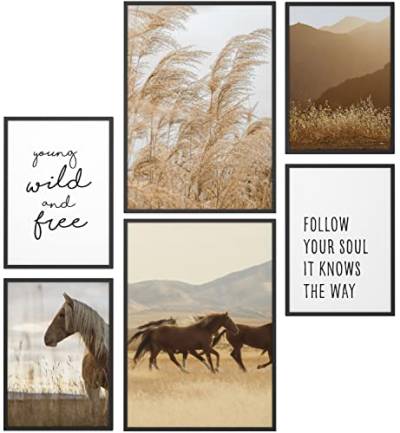 Papierschmiede® XL Mood Poster Set Wild and Free, Deko Bilder Wohnzimmer, 2x DIN A2 (ca. 59x42) und 4x DIN A3 (ca. 30x42), Boho Pferde Weide Getreide Beige - Wandposter ohne Rahmen von Papierschmiede