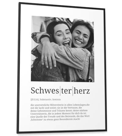 Papierschmiede® Personalisierte Geschenke Schwesterherz, Definition mit Foto DIN A2 (59,4x42 cm) Rahmen wählbar fertig gerahmt, Persönliches Bild als Geschenk an Schwester zu Weihnachten, Geburtstag von Papierschmiede