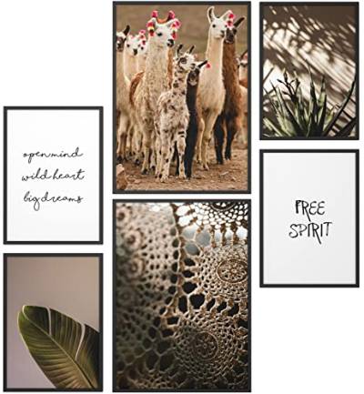 Papierschmiede® Mood Poster Set Boho Alpaka, Deko Bilder Wohnzimmer, 2x DIN A3 (ca. 30x42) und 4x DIN A4 (ca. 21x30), Lama Bohemian Aloe Vera - Wandposter ohne Rahmen von Papierschmiede