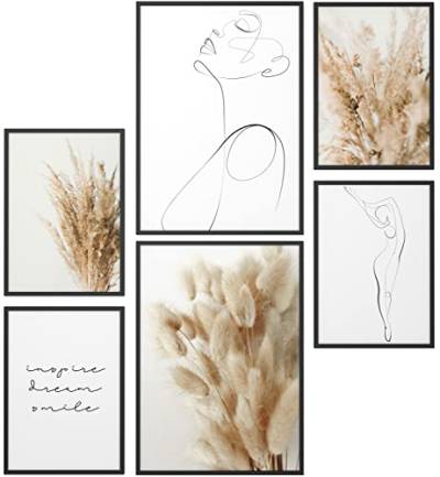 Papierschmiede® XL Mood Poster Set Pampas Woman, Deko Bilder Wohnzimmer, 2x DIN A2 (ca. 59x42) und 4x DIN A3 (ca. 30x42), Frau Zeichnung Wollgras Boho beige - Wandposter ohne Rahmen von Papierschmiede