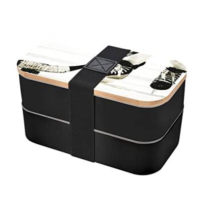 Bento-Box mit Eishockey-Muster, Doppelriemen, mit Besteck, 18 x 9 x 10 cm, kein BPA, kein eigenartiger Geruch, geeignet für Picknick, Schule, Arbeit. Schwarz von PartyUnix