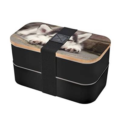 PartyUnix Husky Dog Bento-Box mit Doppelriemen, mit Besteck, 18 x 9 x 10 cm, kein BPA, kein eigenartiger Geruch, geeignet für Picknick, Schule, Arbeit. Schwarz von PartyUnix