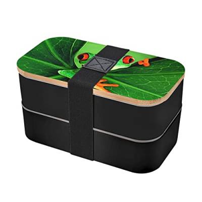 PartyUnix Niedlicher Frosch-Bento-Box mit Doppelriemen, mit Besteck, 18 x 9 x 10 cm, kein BPA, kein eigenartiger Geruch, geeignet für Picknick, Schule, Arbeit. Schwarz von PartyUnix