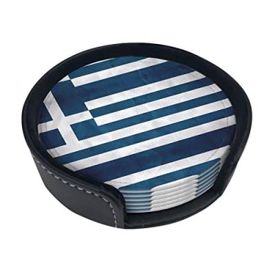 Runde Leder-Untersetzer mit griechischer Flagge, 6 Stück, ein Leder-Untersetzer-Organizer =>> fein und weich, leicht zu reinigen – 9,9 cm von PartyUnix