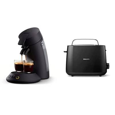 Philips Senseo Original Plus CSA210/60 Kaffeepadmaschine (Kaffeestärkewahl, Kaffee Boost Technologie), schwarz & HD2581/90 Toaster, integrierter Brötchenaufsatz, 8 Bräunungsstufen, schwarz von Philips Domestic Appliances