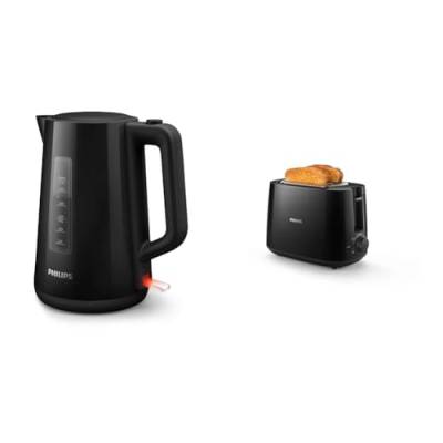 Philips HD9318/20 Wasserkocher Serie 3000, 1,7l, Federdeckel, LED-Anzeige, schwarz & HD2581/90 Toaster, integrierter Brötchenaufsatz, 8 Bräunungsstufen, schwarz von Philips