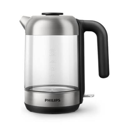 Philips Wasserkocher für Haushaltsgeräte - Fassungsvermögen 1,7 l mit Federdeckel und Kontrollleuchte, kabellos mit 360°-Pirouettenbasis, Glas, Drehfuß (HD9339/80) von Philips Domestic Appliances